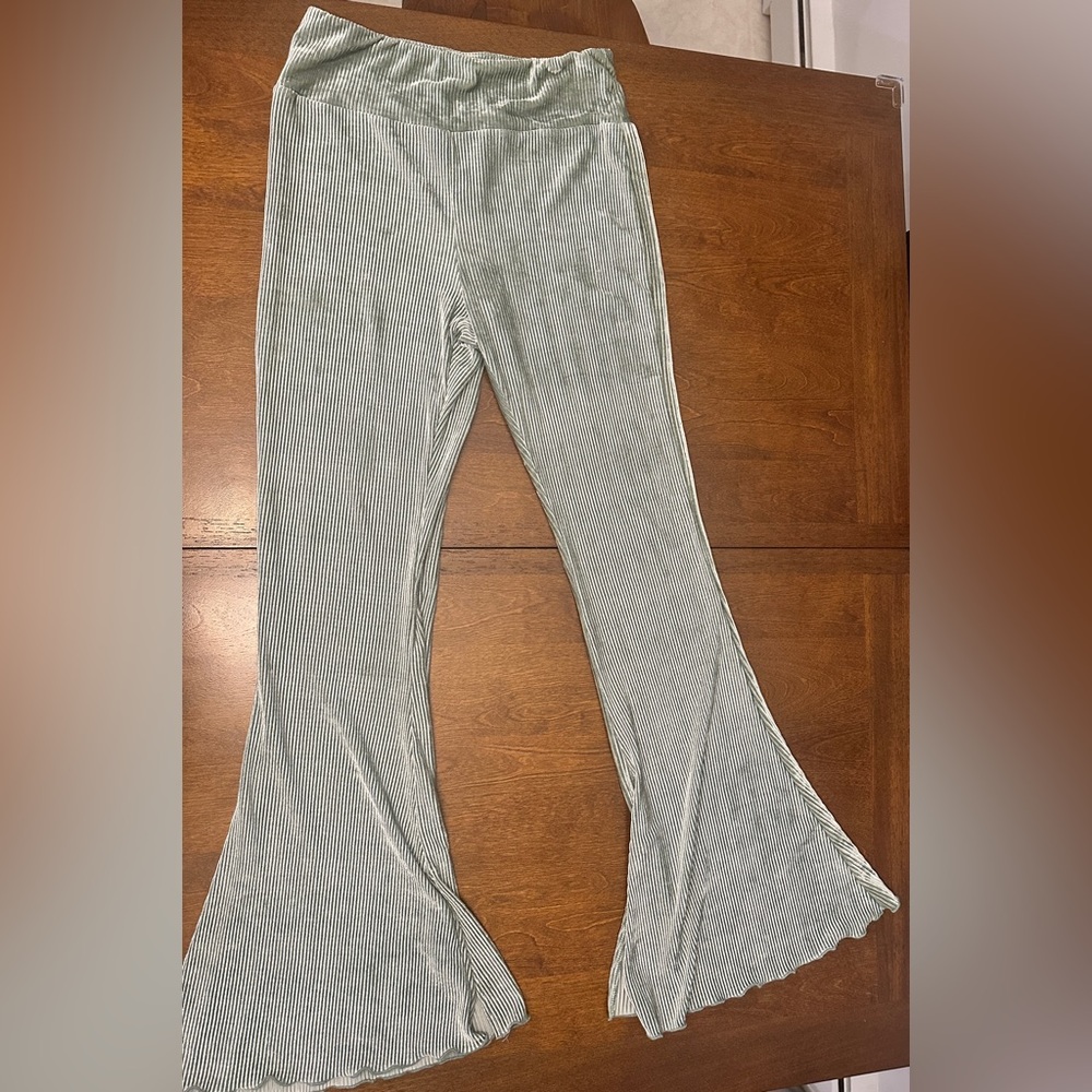 Out From Under For Urban Outfitters Green Velvet Striped Wide Leg Slit Pants